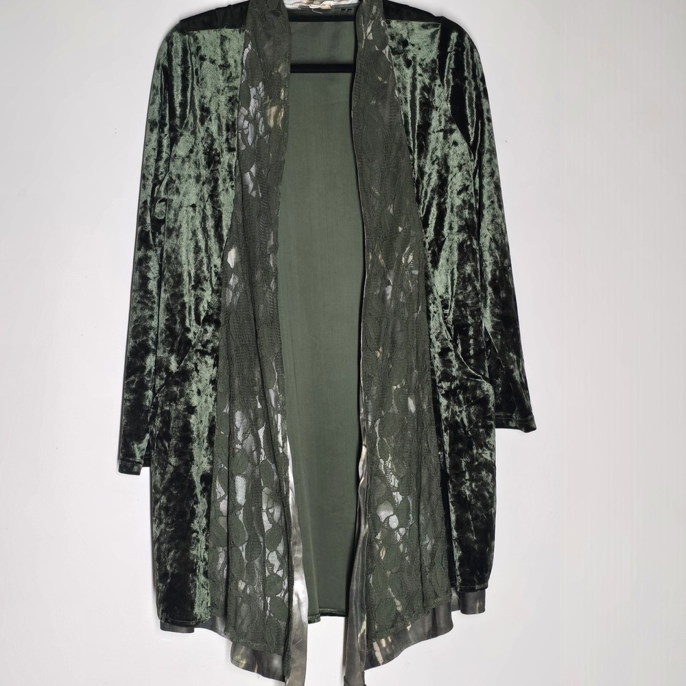 Indigo Thread Co Burnt Green Crushed Velvet Cardigan Lace Trim Boho Western Sz M